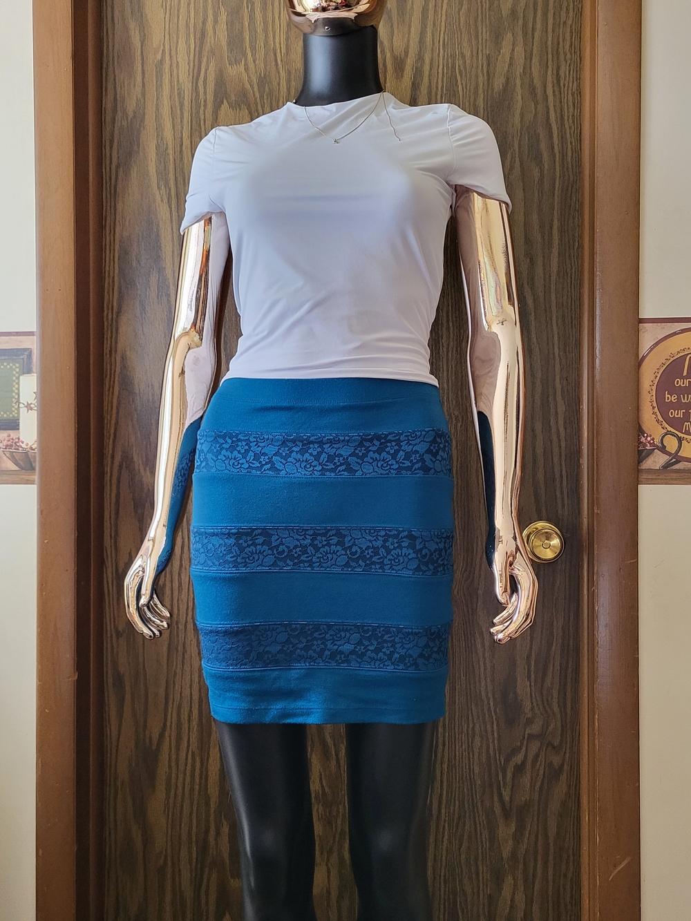 Forever 21 Dark Teal Blue Knit Lace Accent High Rise Stretch Pencil Mini Skirt S